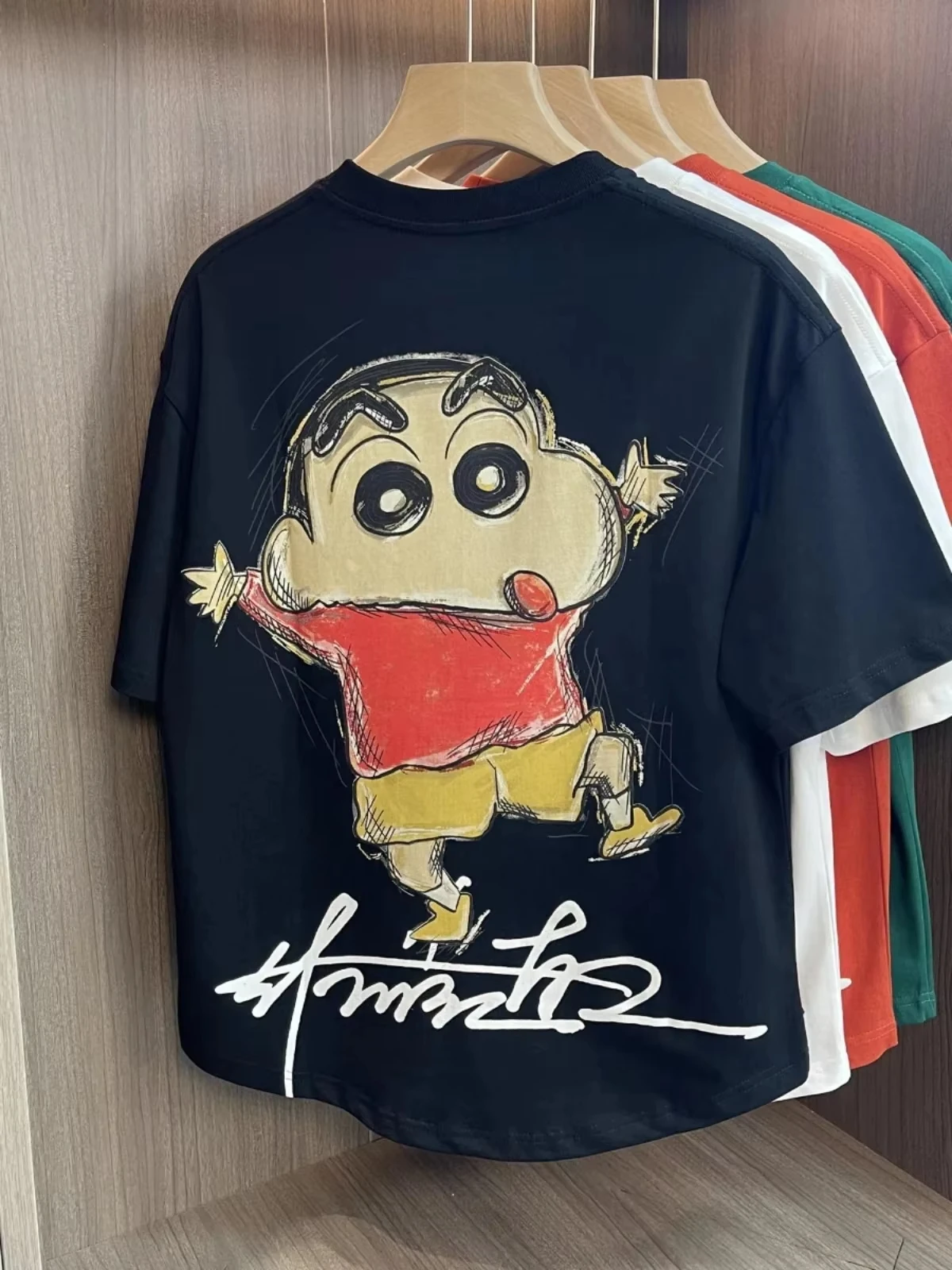 Cartoon Creative Crayon Shin-chan Graphic Print Cotton Loose Trendy Unisex High Quality Summer Casual Short Sleeve Tee Tops