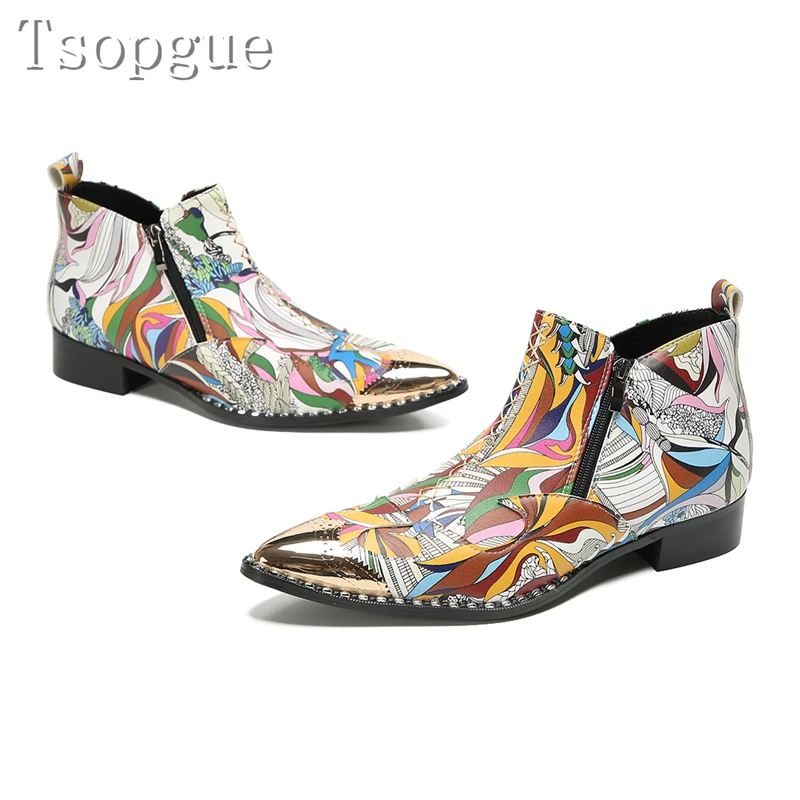

Color Prints Men Genuine Leather Ankle Boots Metal Pointed Toe Rivets Zipper Young Men Fashion Nightclub Leisure Party Boots