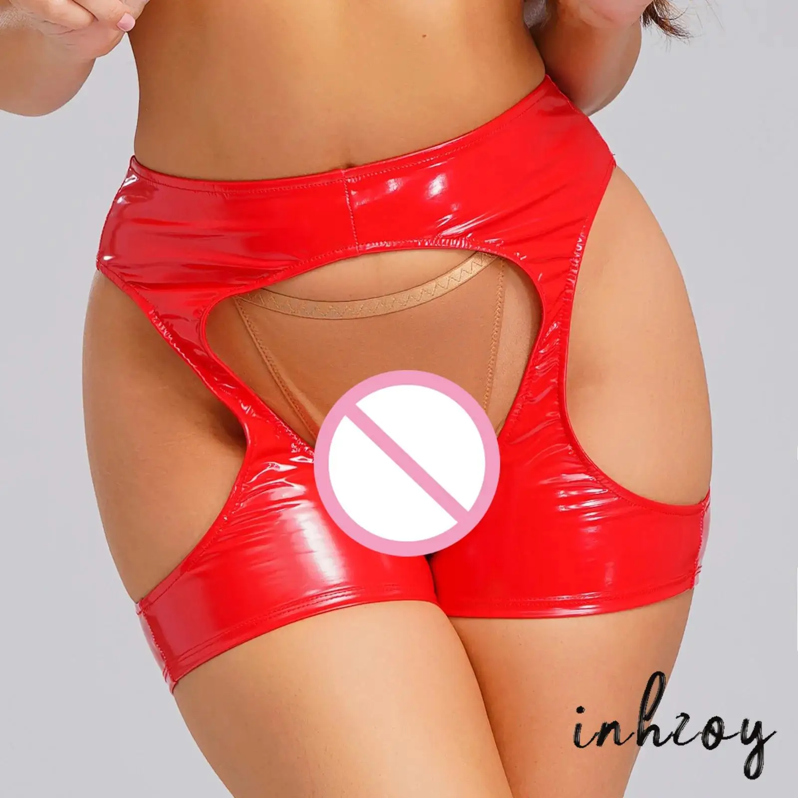 

Womens Open Crotch Wet Look Hot Pants Thigh Hollow Out Bodycon Shorts Patent Leather Erotic Shorts for Club Pole Dance Nightwear