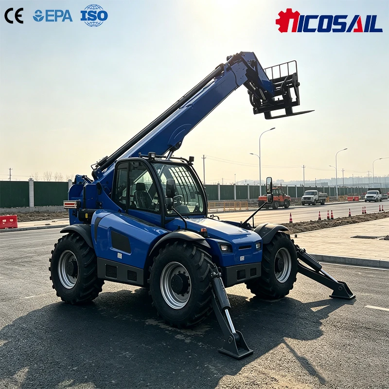 Chariot télescopique T4007, capacité de levage de 4 tonnes, chargeur compact avec cabine de sécurité pour exploitation agricole et chantier de construction.
