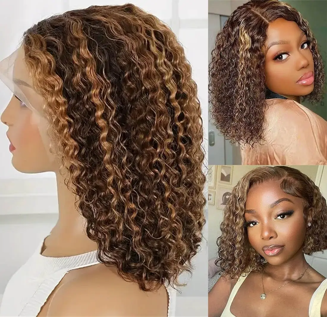 Ombre Bob Wig Human Hair Honey 13x4 Deep Wave Lace Front Wig Short Curly Bob Wig P4/27 Pre Plucked With Baby Hair For Women