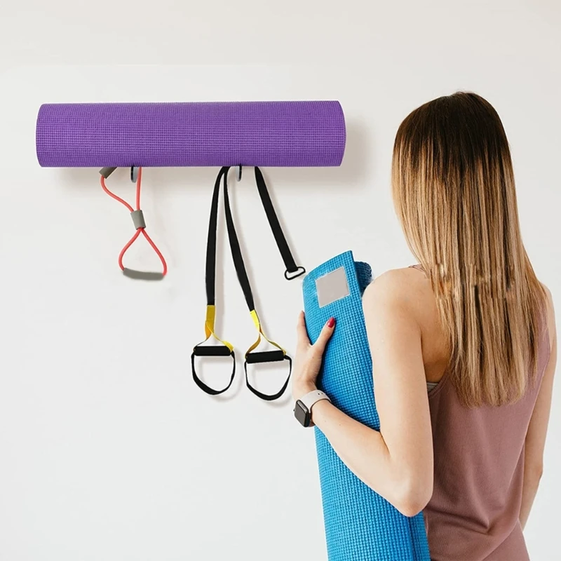 E8BF Wall Mounted Yoga Mat Storage Rack Exercise Mat Wall Hanger Shelf Home Yoga Mats Holder for Foam Roller, Resistance-Band