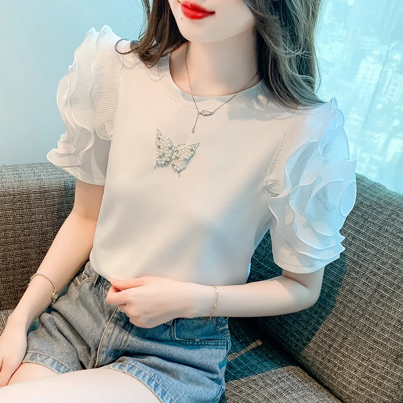 Chic Ruffle Short Sleeve O-neck Woman Tshirts Fashion O-neck Summer Blusas De Verano Mujer 2023 New Tee Tops