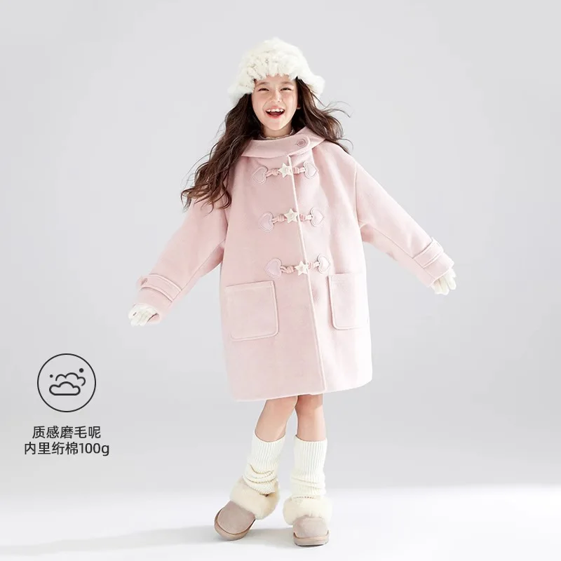 YBFSKID Cotton Padded Kid Girl Trench Coat Star Button Warm 4-12Y Girl Mid-length Coat Winter Junior Girls Hooded Pink Outerwear