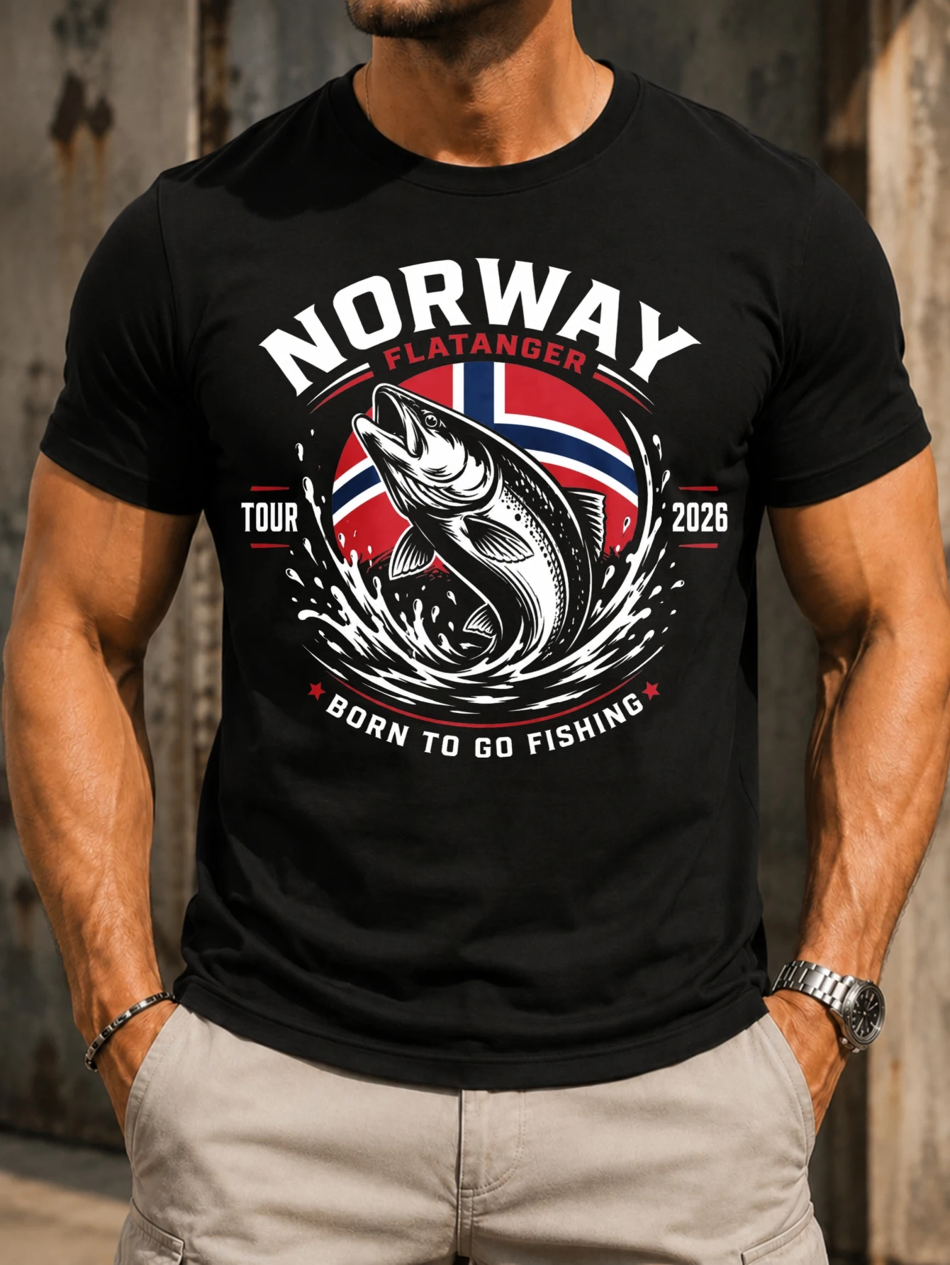 Norway Flatanger Fishing bold round Fl-ag  with trout jumping from water side tour 2026 text and  Unisex All T-Shirt