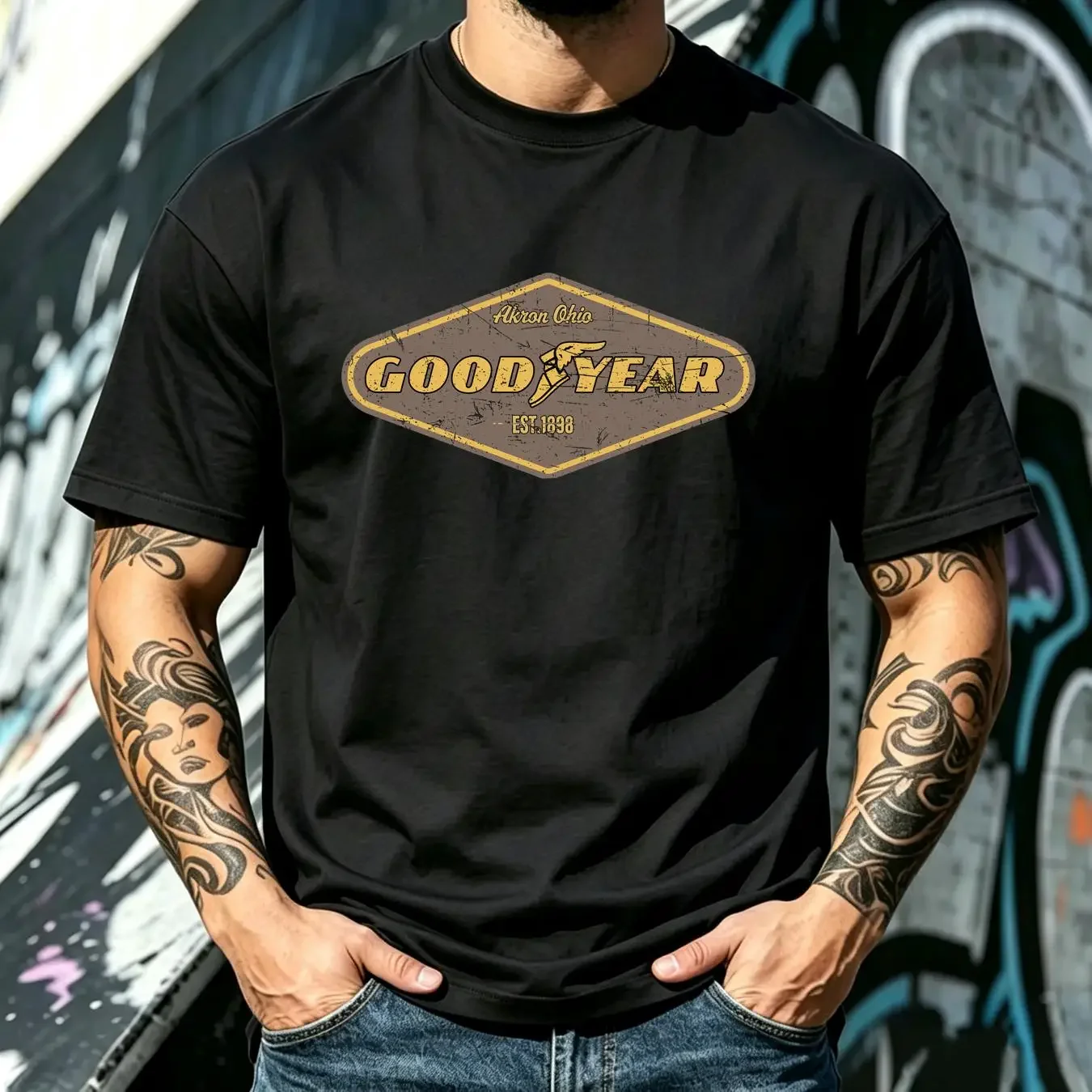 washed T Shirt Goodyear Tires Men's Officially Licensed Distressed Logo Print vintage Washed Unisex graphic Stretched fashion