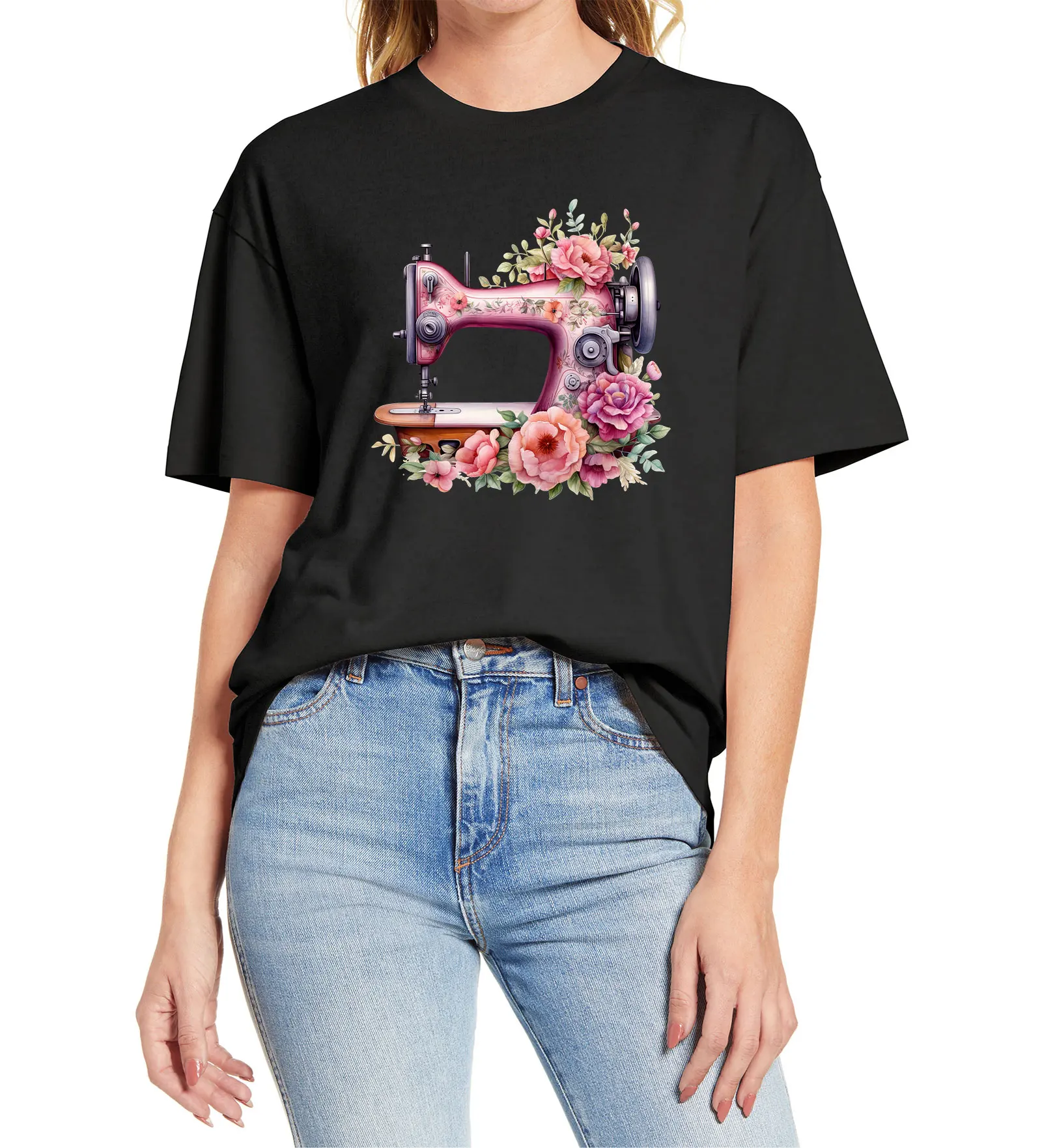 Pink flower sewing machine Male and Female 100% Cotton Funny Short Sleeve T-Shirt Fashion Women Casual Streetwear Clothing