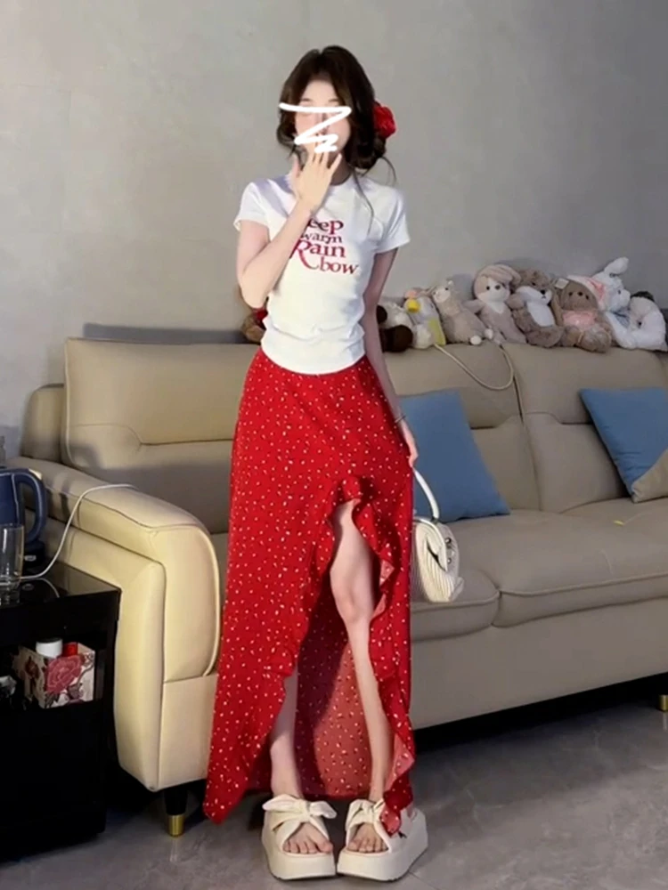 2025 New Summer Beach Vaion Long Skirt Set Women's Red Floral Print Asymmetrical f-length Dr Korean Sle High-waist