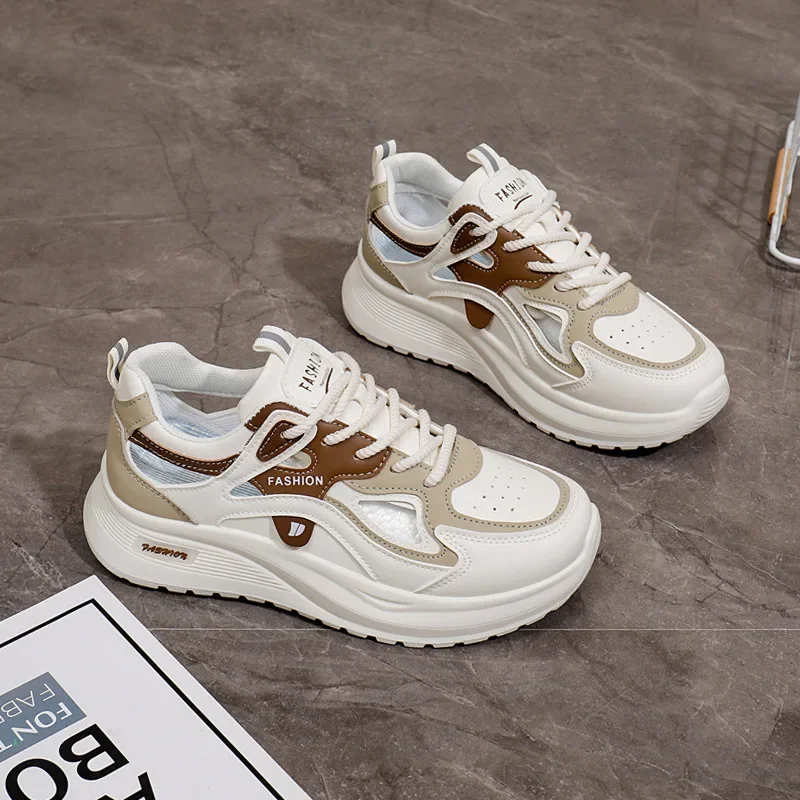 Baskets légères à semelle épaisse pour femmes, chaussures de marche à lacets et semelle épaisse, chaussures de course décontractées, de sport, de tennis en cuir