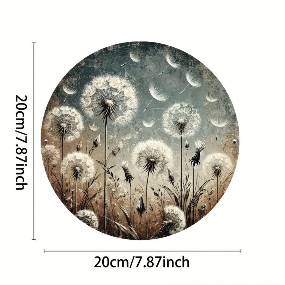 1pc 20x20cm Round Aluminum Metal Tin Sign Vintage Dandelion Fantasy Decorative Wall Art for Living Room Bedroom Kitchen Cafe
