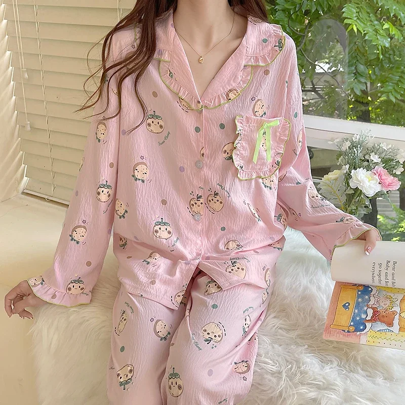 Plus Size Pajama Mujer Cherry Print Sleepwear Set Long Sleeve Top Pants Ruffle Homewear Skin-Friendly Breathable