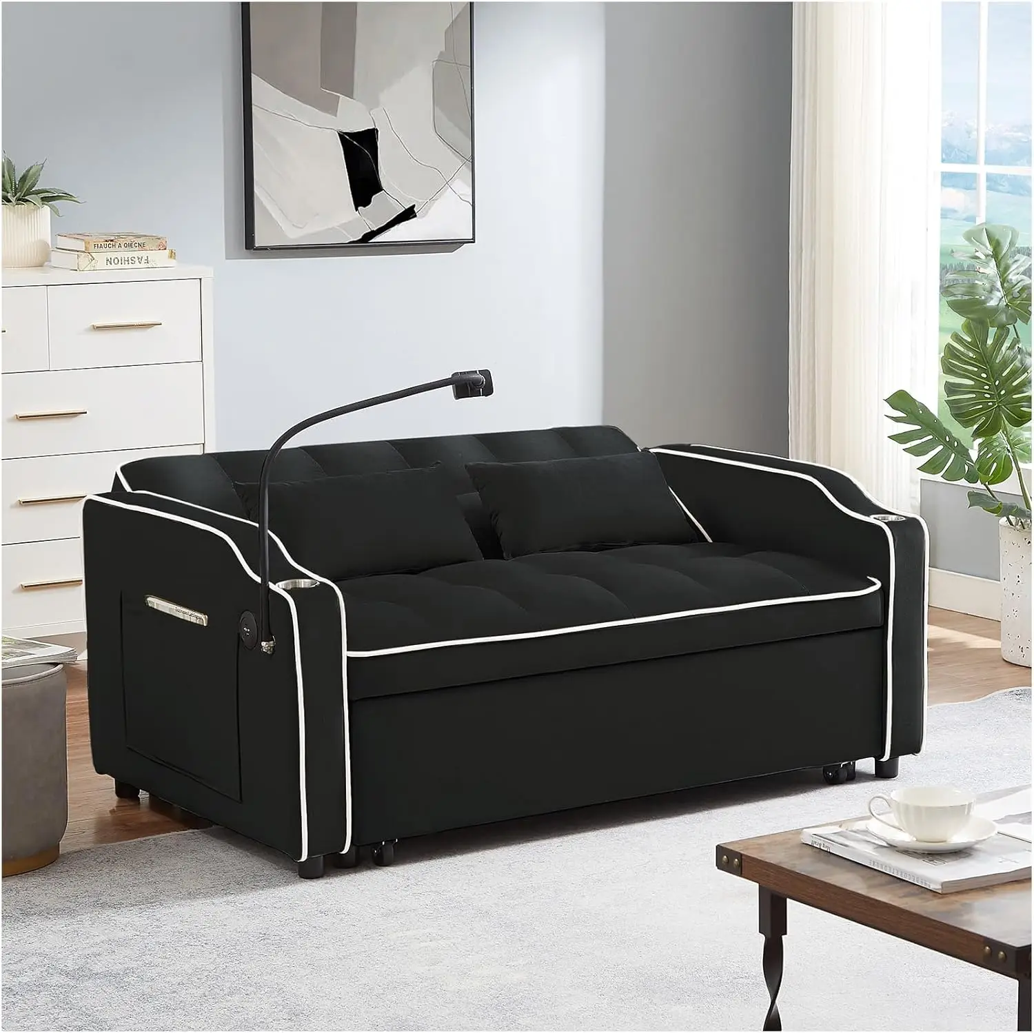 3-in-1 slaapbank met converteerbare slaapbank, fluwelen uittrekbare slaapbank met USB en type C-poort, comfortabele futon loveseat met verstelbare rugleuning telefoon