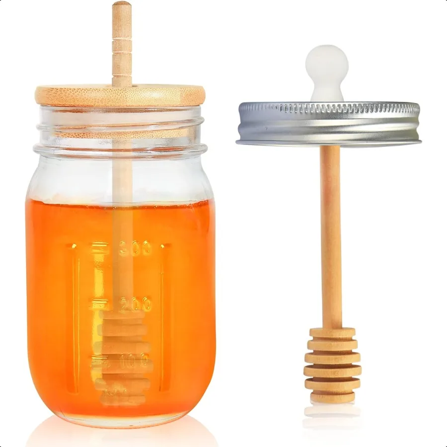 

16oz Glass Honey Jar with Dippers Stick SetHoney Pot with Dipper and Lid Honey Containers for Airtight Syrup Dispenser for Home