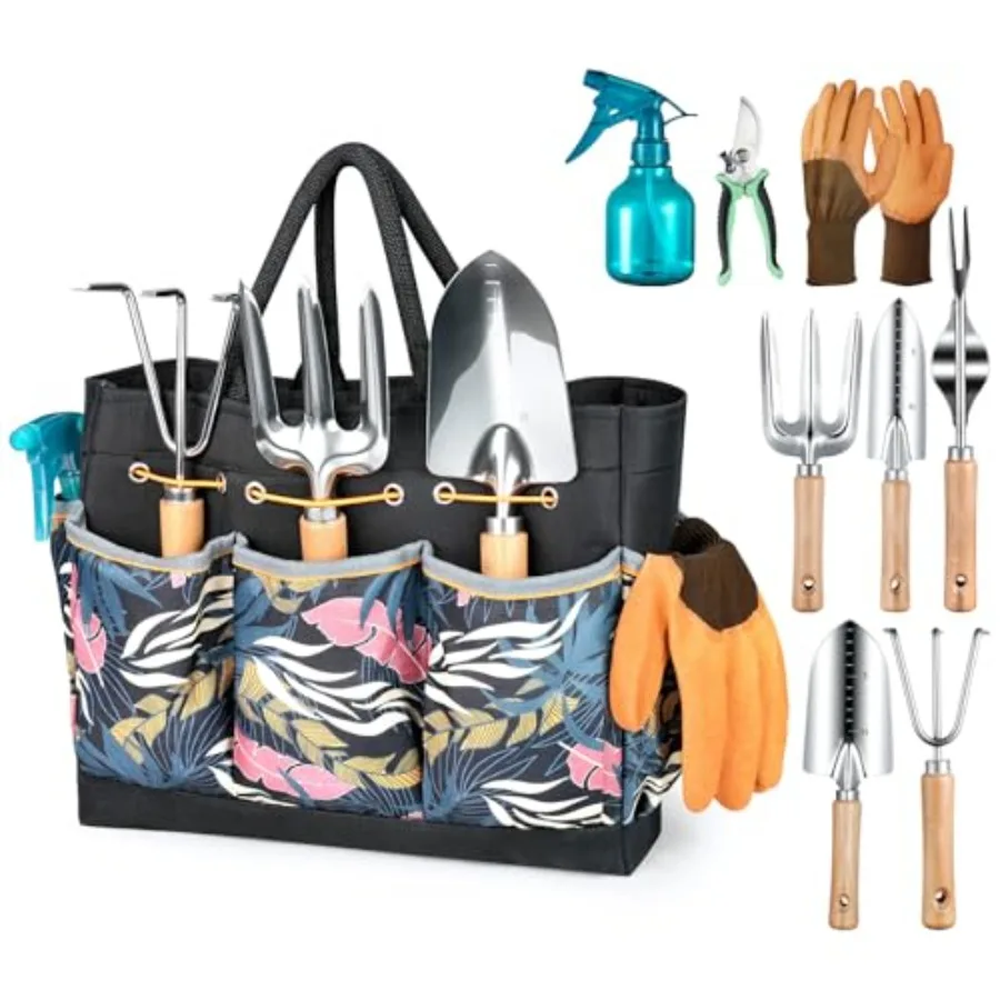 

Gardening Tools 9-Piece Heavy Duty Garden Hand Tools with Fashion and Durable Garden Tools Organizer Handbag Rust-Proof Garden