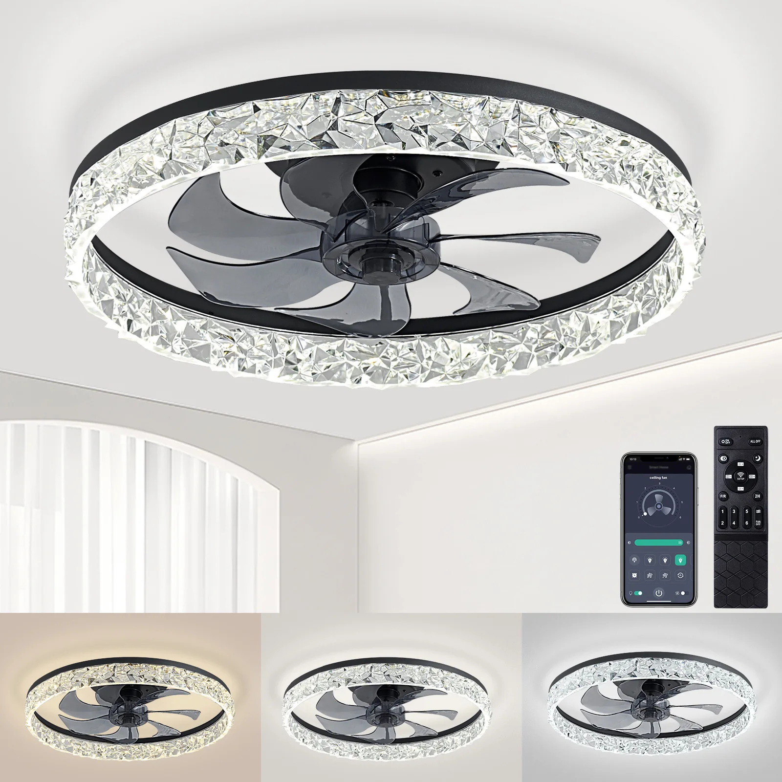 APP Control Dimming Light Chandelier with Ceiling Fan Luxury Diamond Circle Pendant Lamp Living Room Bedroom Kitchen LED Lustry
