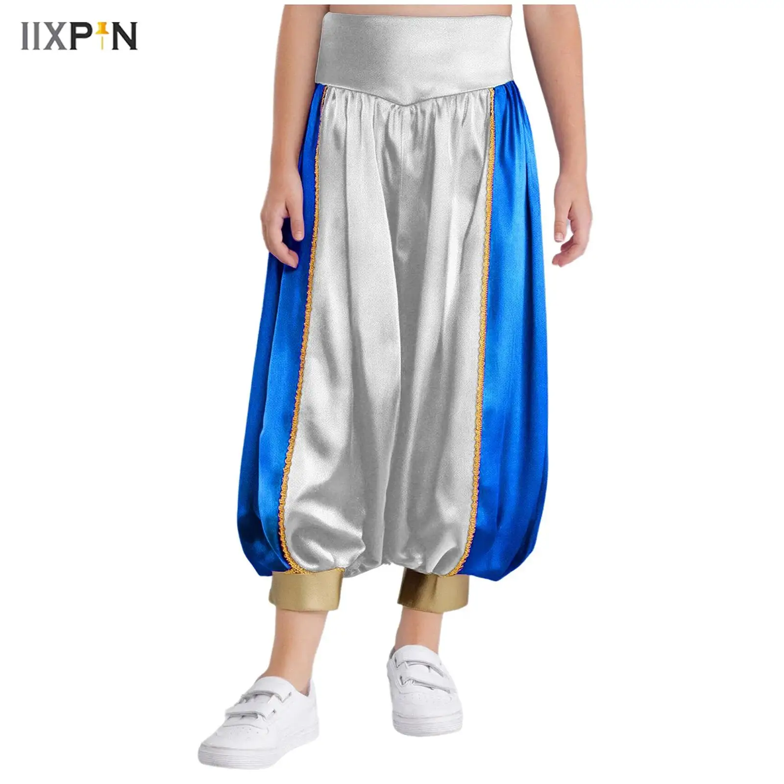 

Kids Arabian Pants Belly Dance Pants High Waist Loose Color Contrast Satin Harem Pants Carnival Halloween Party Cosplay Costume