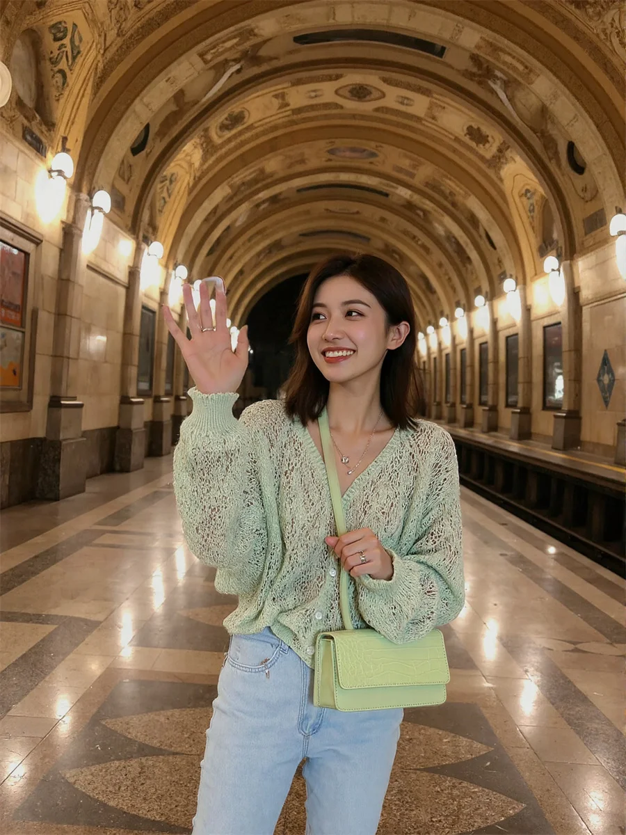 Cárdigans de estilo coreano ahuecados, suéteres lisos con cuello en V, jerséis, ropa para mujer en otoño, longitud larga de gran tamaño