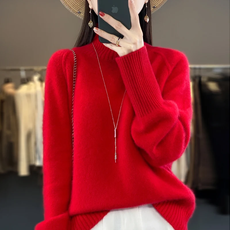 Women 100% Merino Wool Thickening Sweater High Collar Pullover Autumn Winter Casual Loose Knit Top Female Warm Soft Knitwear