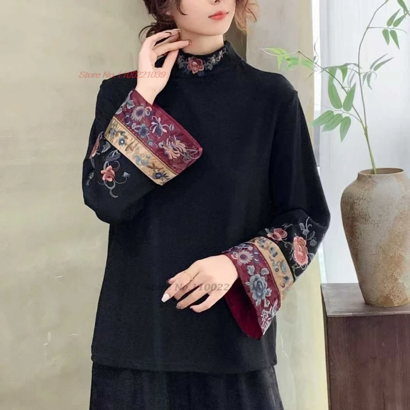 تي شيرت صيني تقليدي لعام 2025 قميص شعبي مبطن بالزهور الوطنية قميص هانفو عتيق قميص عرقي قاعدة