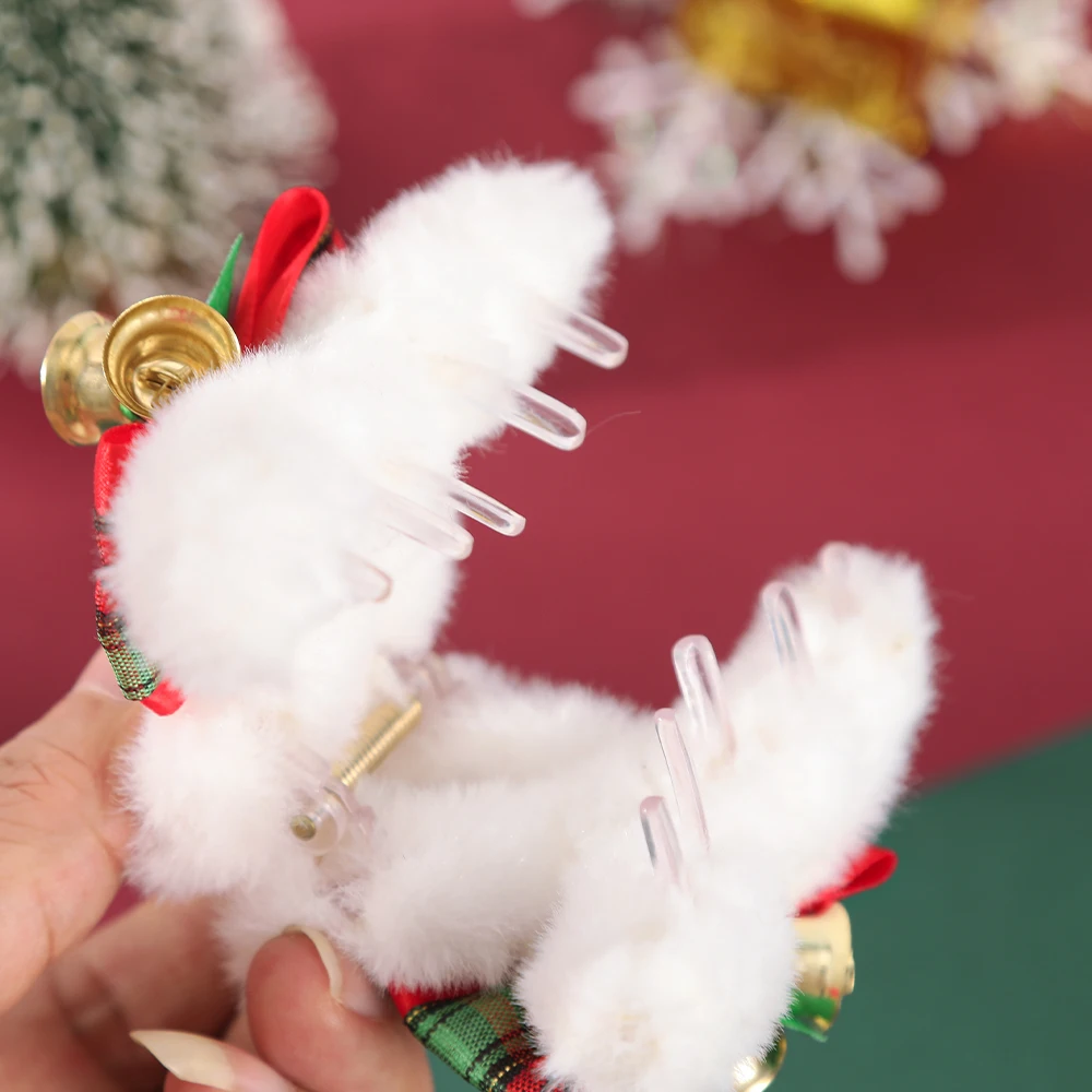 Pinza de pelo de felpa de muñeco de nieve de Navidad, horquilla de celebración festiva roja, pinzas para el cabello para niñas, cola de caballo linda, cangrejo, tocado