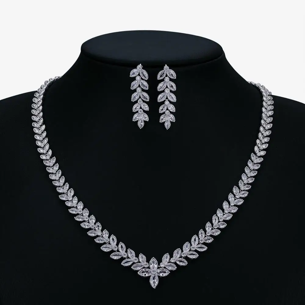 

Pretty Full 5A Cubic Zirconia Leaves Bridal Wedding Necklace Earring Set Women Prom Party Jewelry Sets