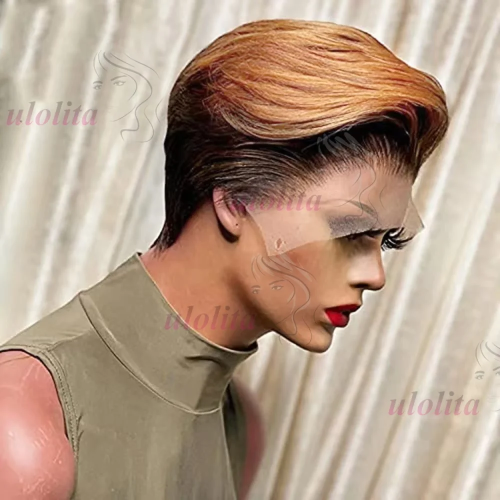Ombre Braun T1B30 Echthaar-Perücken für Frauen, Knochenglatte Bob-Perücke, Remy T-Part Transparente Spitze, Natürlich Vorgezupfter Pixie-Schnitt – Detail 5