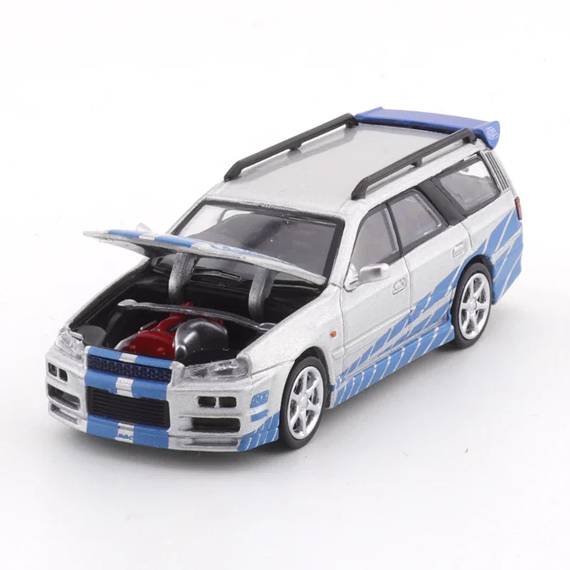 XCARTOYS POP RACE 1/64 Stage R34-cuerpo plateado con calcomanía azul, vehículo de aleación, modelo de Metal fundido a presión, juguetes para niños, regalo de Navidad