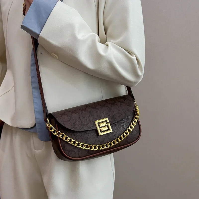 

Винтажная сумка через плечо-седло - новинка весны 2025 года, стильная универсальная сумка через плечо с цветными блоками и цепочкой