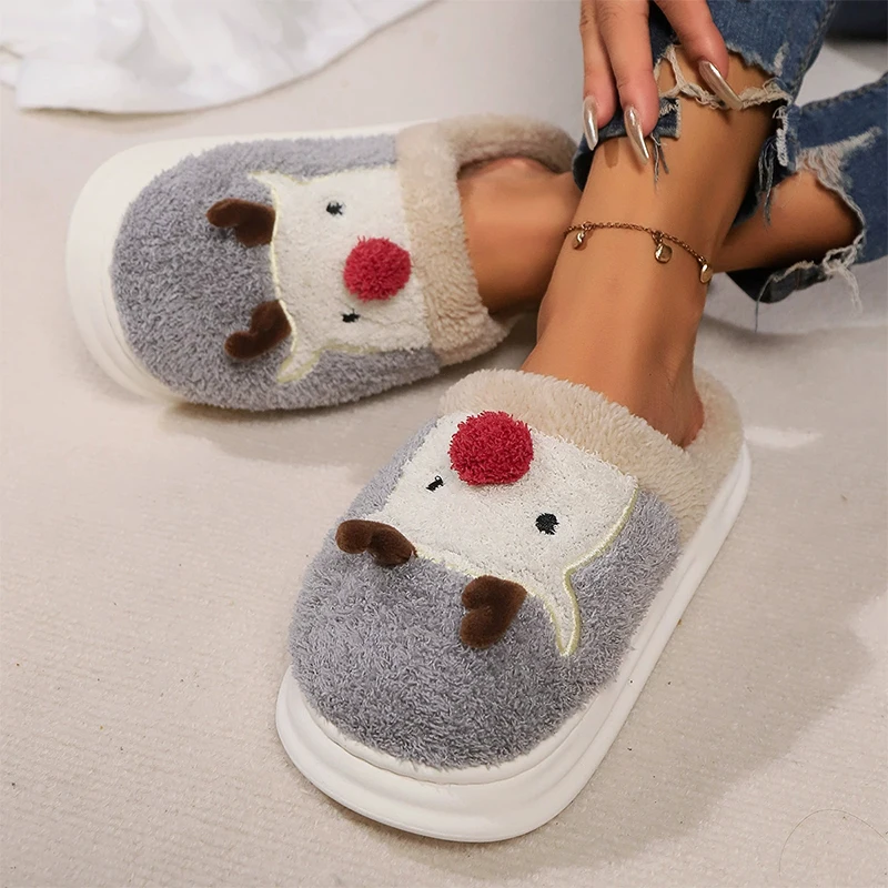 

Christmas Cartoon Deer Fur Slippers Women Thick Bottom Indoor Warm Cotton Slippers Woman Cozy Short Plush Home Slides Mujer