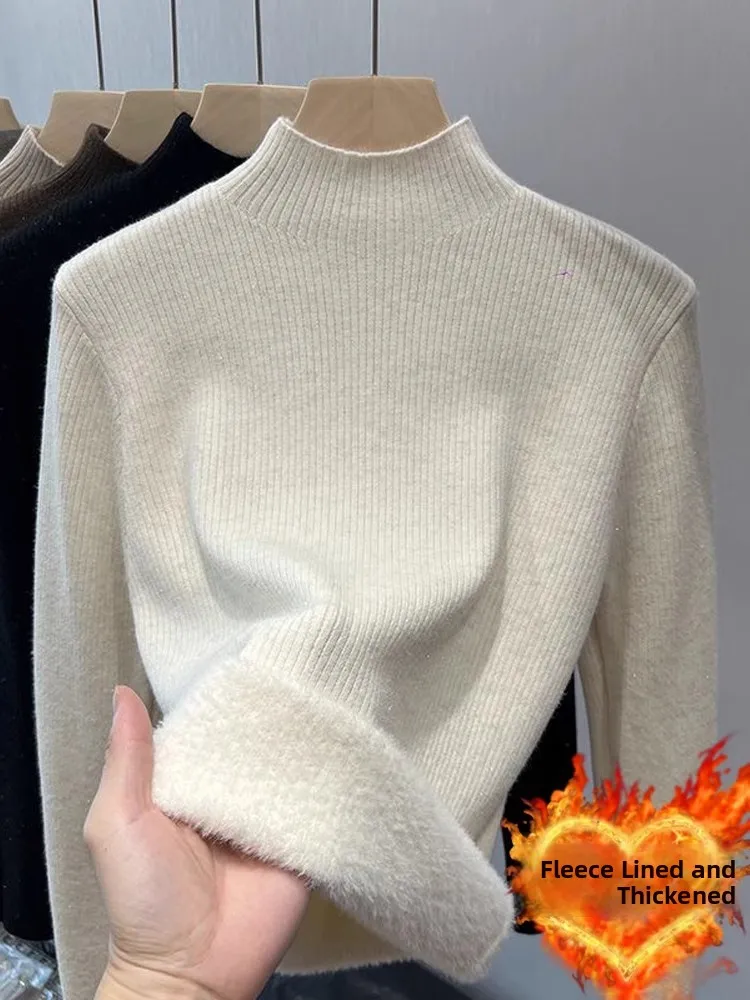 

Thiened f-High Collar Fce Women's Knitted Sweater Autumn Spring One-Piece Velvet Warm Inner Wear Base irt Fem