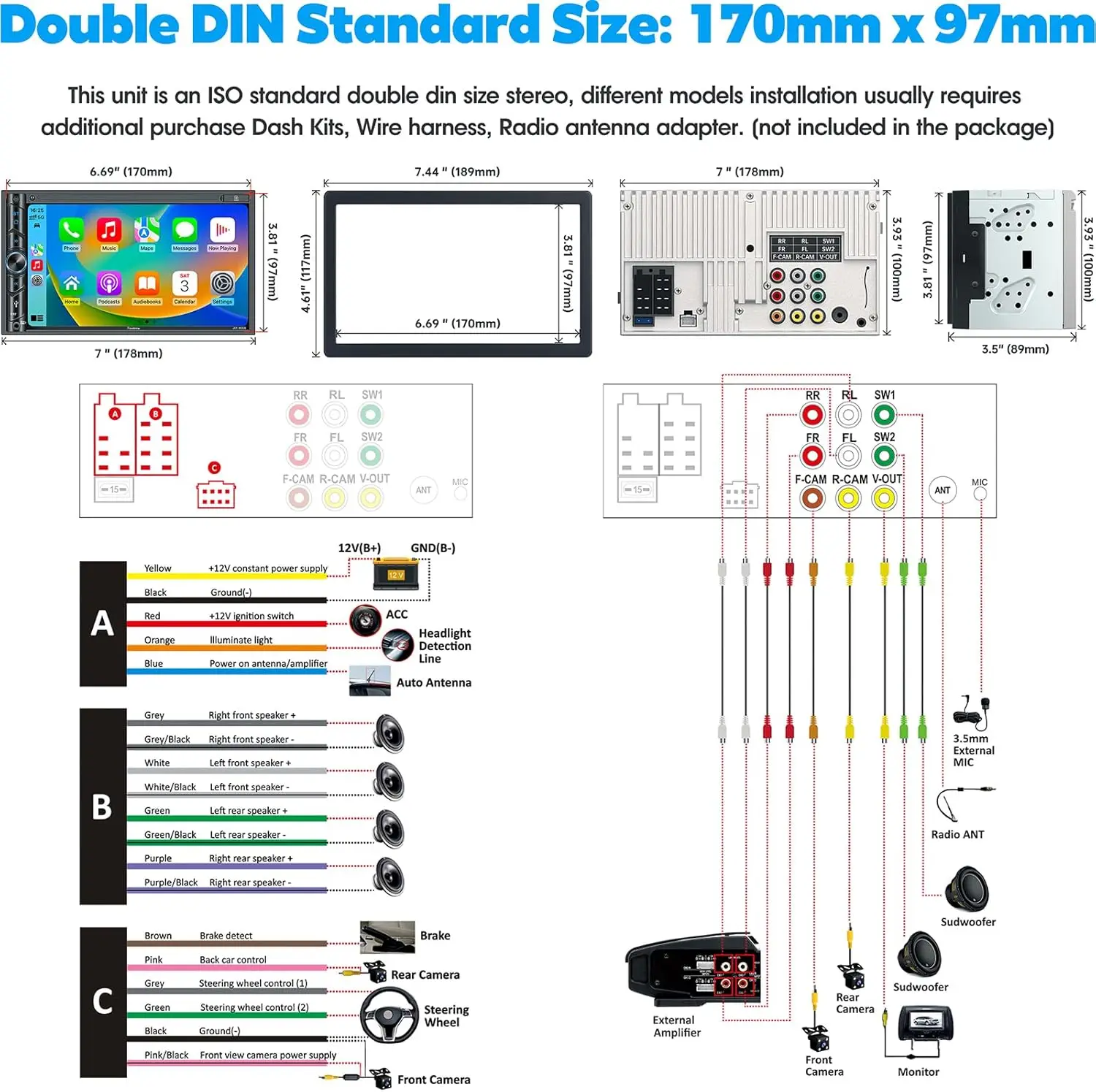 Wireless Car Stereo with CarPlay & Android Auto, 7" Touchscreen, Bluetooth, Backup Camera, High Power Audio