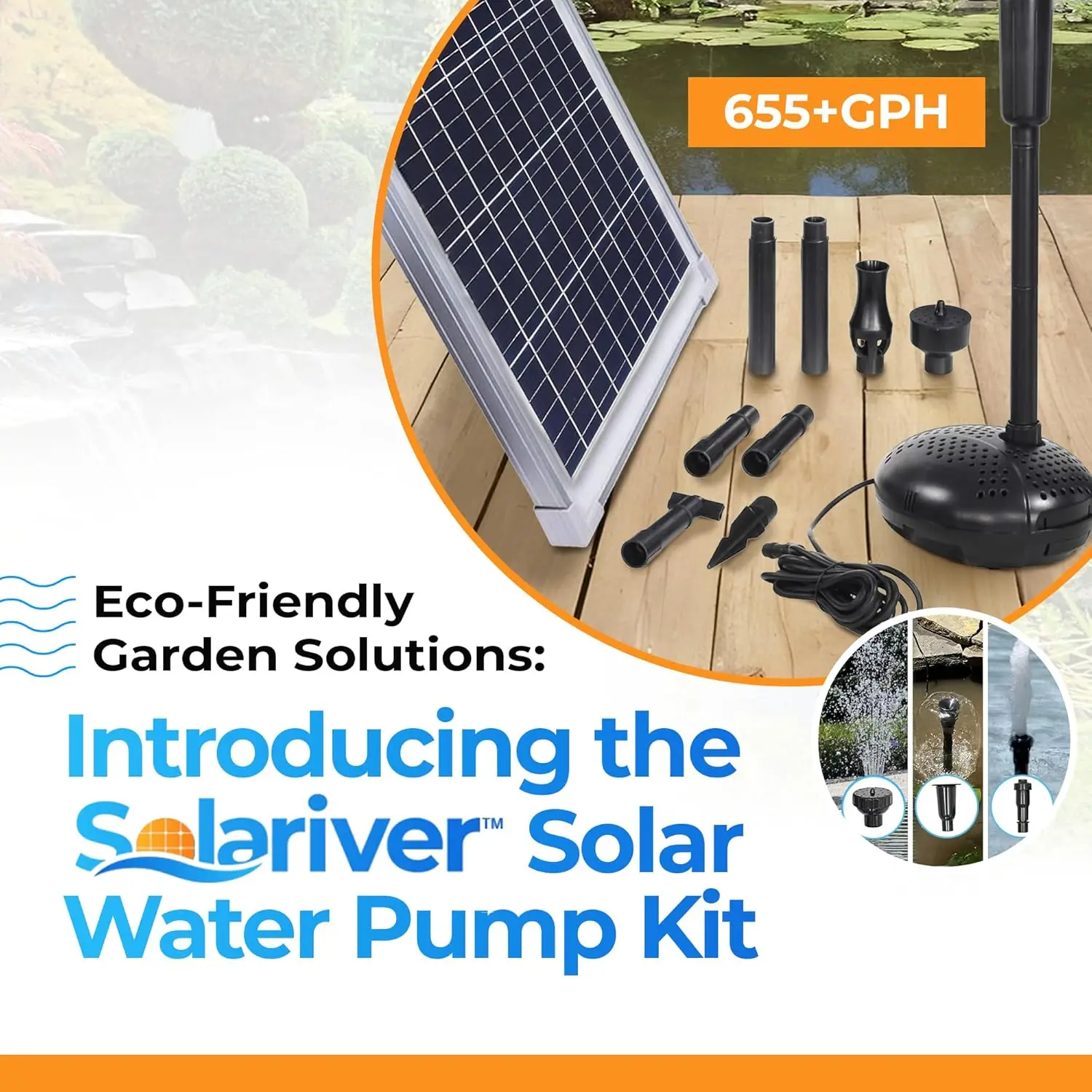 Solar Water Pump Kit, Sun-Powered Submersible Water Fountain Outdoor Feature, 655+ GPH with 35-Watt Solar Panel(18V)