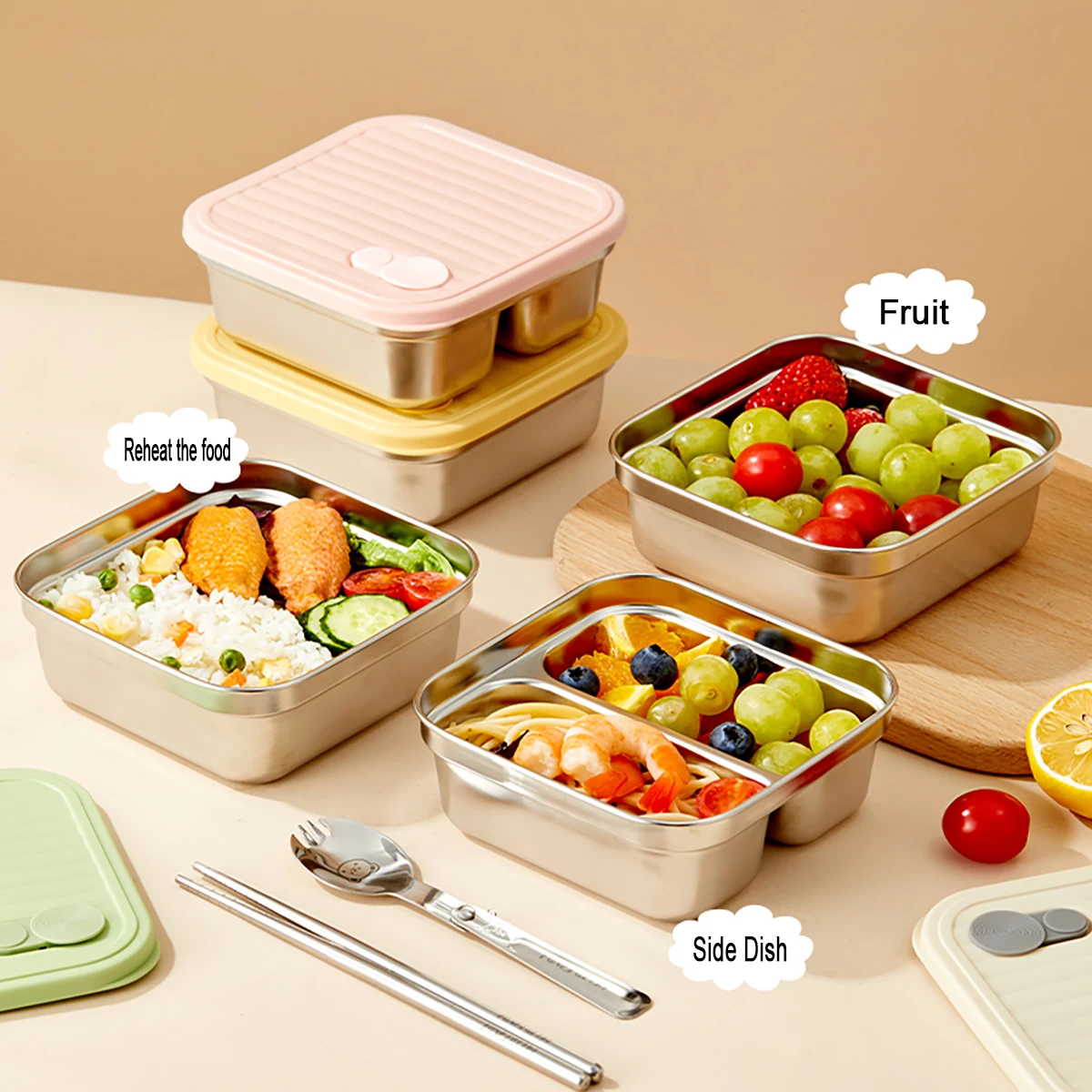 304 Stainless Steel Bento Box With Lid Portable Sealed Divided Lunch Box For Kids Student School Fruit Salad Lunch Container