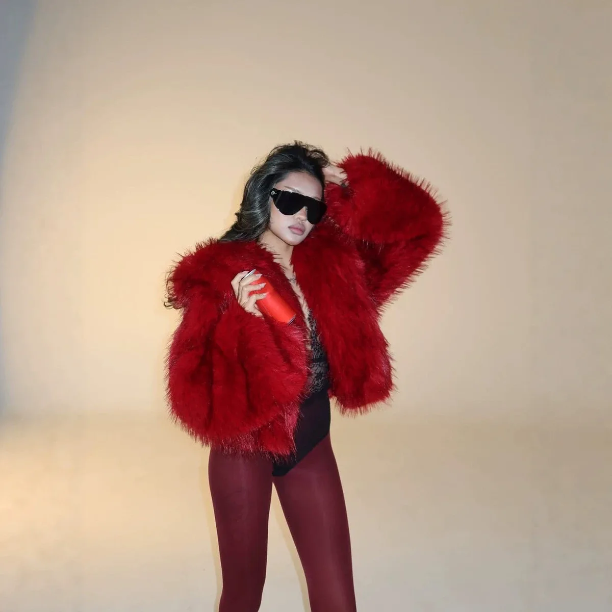 Red Luxury Faux Fur Cardigan Coat Women Long Sleeve Round Neck Cropped Loose Short Jacket Winter Daily Warm High Street Outwear