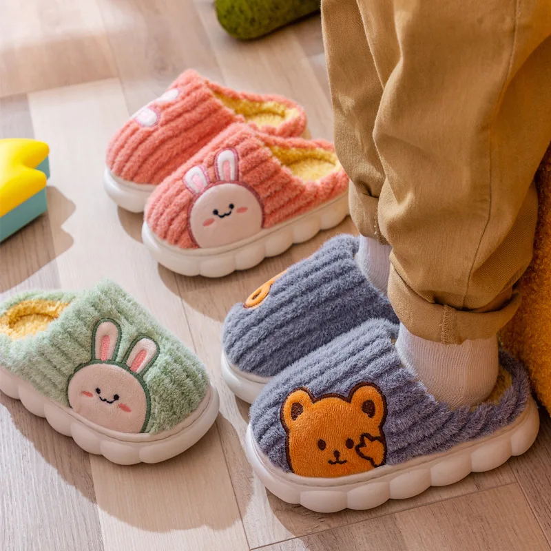 New Winter Kids Cotton Slippers Cute Bear Boy Plush Warm Children Home Shoes Indoor Non-Slip Platform Girls and Boys Footwear