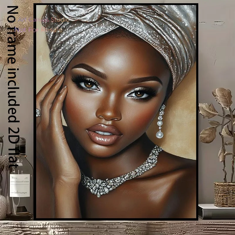 2D Flat, 2D Flat, [2D Flat] 1pc Decorative Canvas Painting Elegant Woman Wearing Silvery Headscarf And Diamond Jewelry Exquis