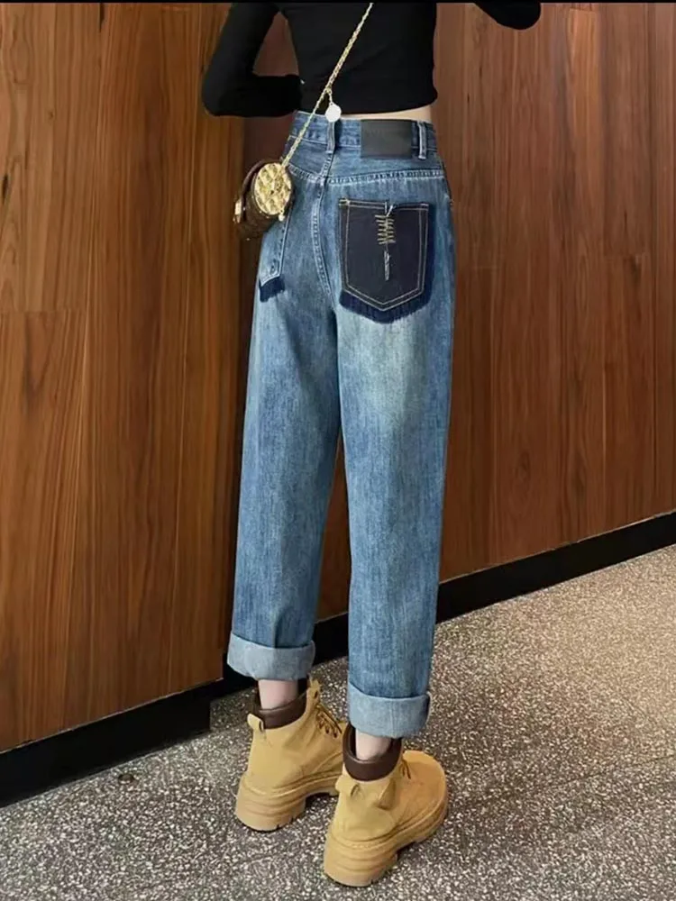 

Джинсы женские с высокой талией, прямые, из денима, осенне-зимние, новинка, свободные, широкие, в стиле Dad Pants, модные, из хлопка и полиэстера