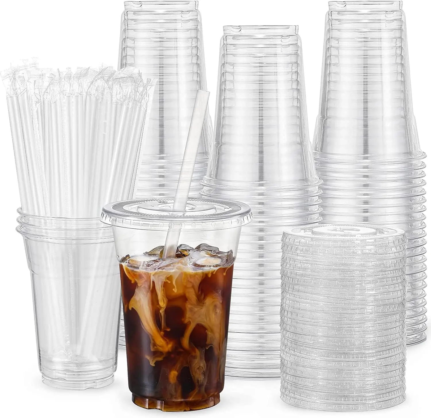 

100 Sets - 24oz Clear Plastic Cups with Lids and Straws for Iced Coffee, Smoothie, Milkshake, Cold Drinks