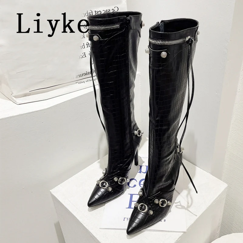 Liyke 2024 New Sexy Pointed Toe Knee High Boots Women Pole Dance Stiletto Heels Pumps Fashion Tassel Zip Rivet Winter Long Shoes