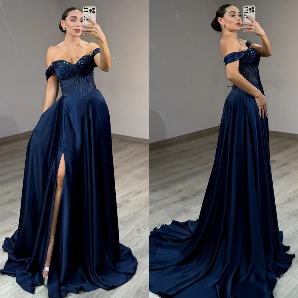 Sukienki na zamówienie wysokiej jakości, klasyczne, z dżerseju, zdobione koralikami, plisowane, o prostym kroju, z odkrytymi ramionami, długie, sukienki na specjalne okazje, moda.