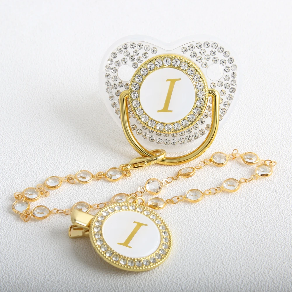 Transparente 26 Anfangs buchstaben Luxus Baby Schnuller mit Ketten clip Neugeborenen Bling Dummy Schnuller Chupeta – Detail 9