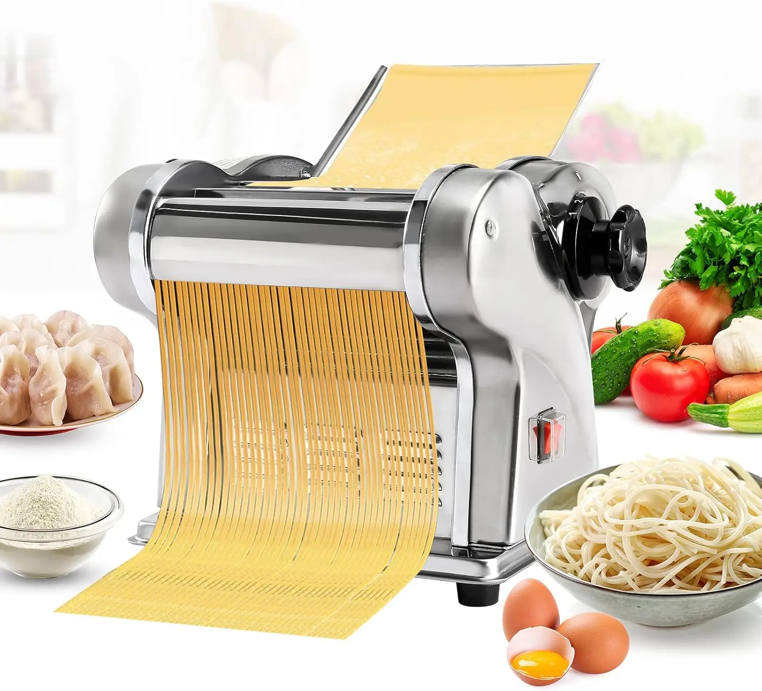 Electric Pasta Maker Noodle Maker Machine Dough Spaghetti Roller Pressing Machine Thickness Adjustable Stainless Steel 135W for