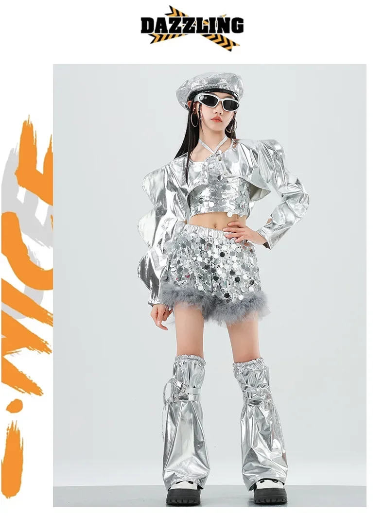 Mädchen Silbernes Pailletten-Jazz-Hip-Hop-Tanzkostüm Streetdance-Bühnenoutfit Glitzerndes Pailletten-Tanzoutfit-Set – Detail 9