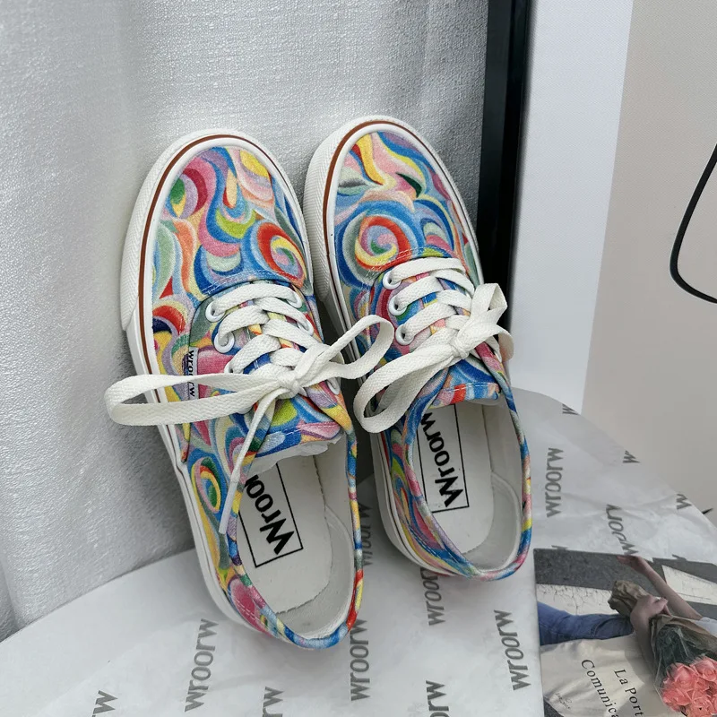 Flat Women Blue Checkered Canvas Sneakers Lace Up Girls Rainbow Canvas Shoes Students School Basic Plaid Casual Shoes 35-40