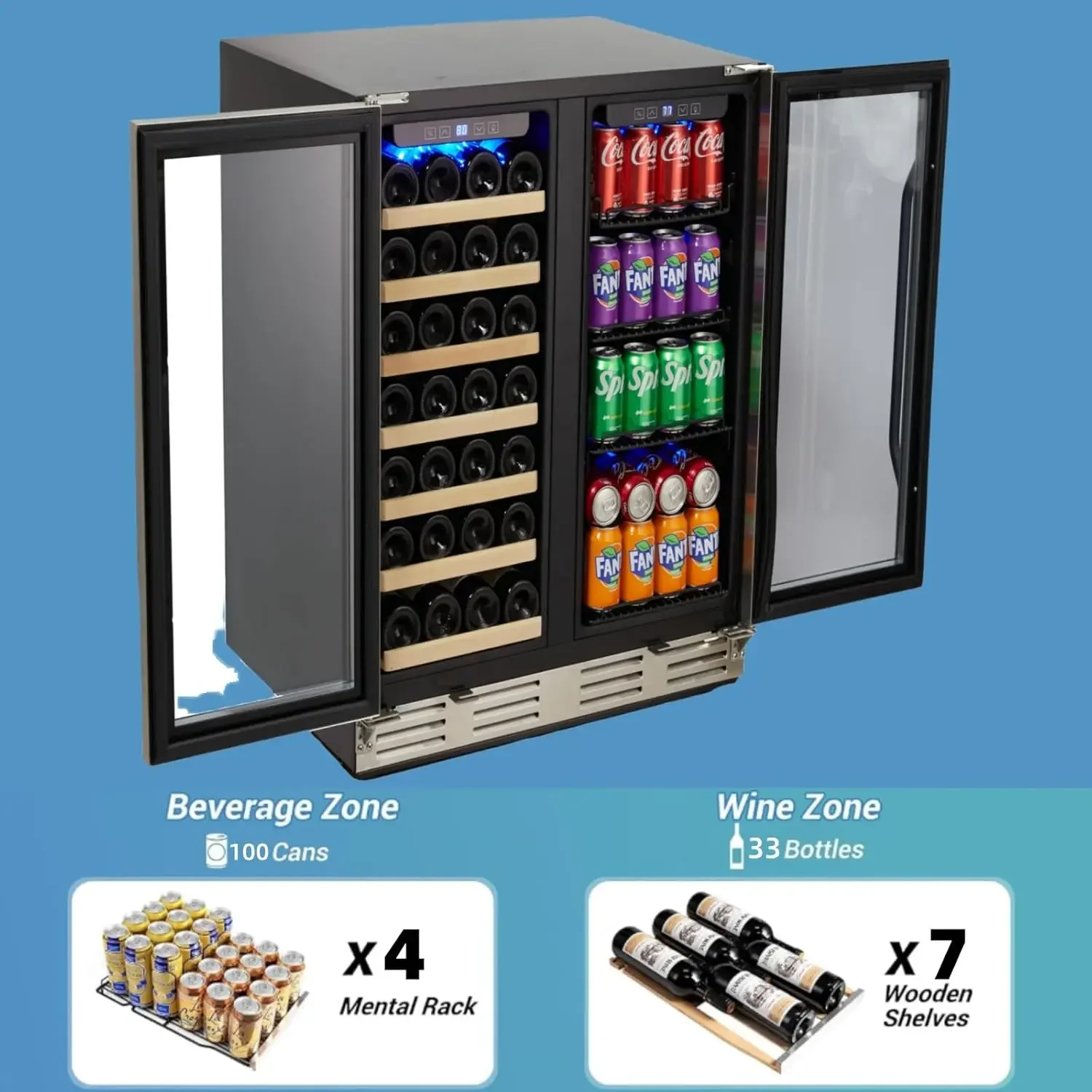 

Wine and Beverage Refrigerator, 35 Inch Dual Zone Wine Cooler with Glass Door Hold Beverage