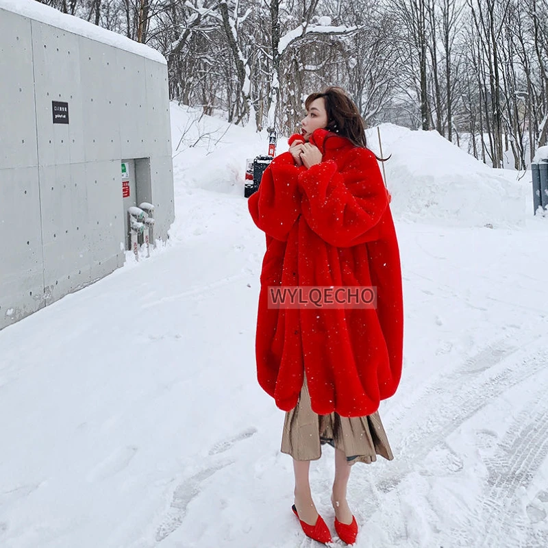 Oversized Red Thick Warm Soft Fluffy Faux Fur Coat Women 2023 Raglan Seeve Stylish Thick Long Fur Coat for Winter Korean Fashion