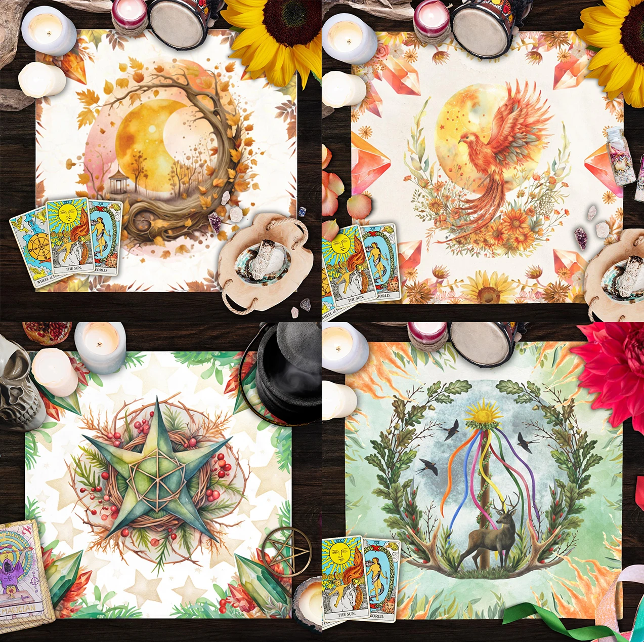 50/75/110/137cm Witchcraft Tarot Tablecloth Four Seasons Wiccan Altar Cloth Phoenix Deer Pentagram Decor Polyester Tarot Mat