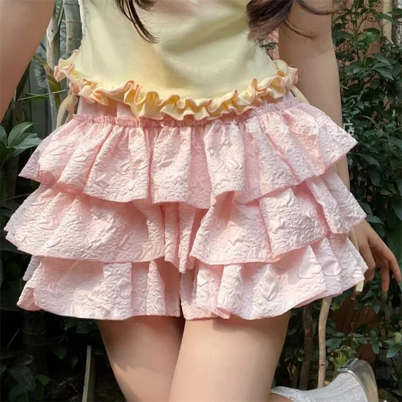 Lamuusaa y2k Skirt Shorts Women Aesthetic High Waist Ruffle Lace Layered Panties Underpants Pumpkin Bloomers Lolita Knickers