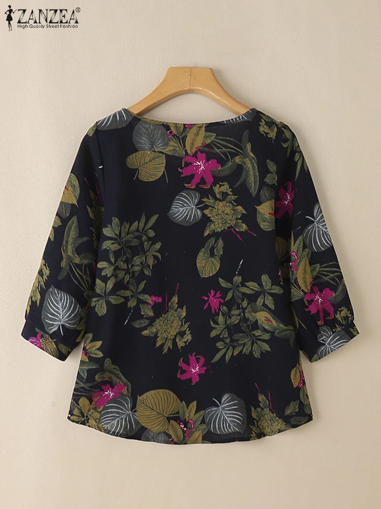 ZANZEA 2025 Camicia di cotone allentata autunno Camicetta floreale bohemien da donna Top con maniche a 3/4 vintage Tunica casual Moda Top Blusas