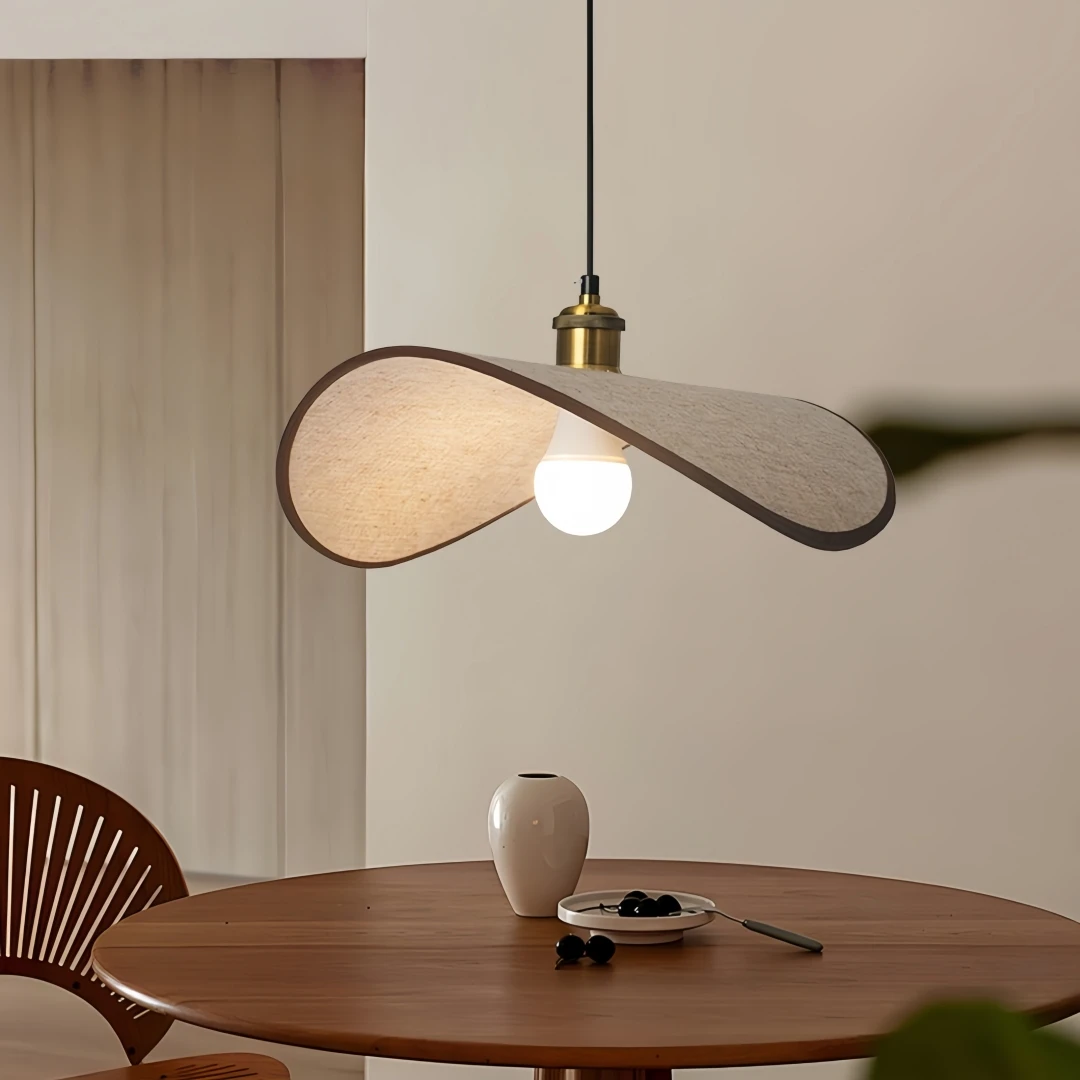 Retro Curved Leaf Pendant Light, Linen Fabric Shade Hanging Lamp For Dining Table Bedroom Wabi Sabi Minimalist Home Decoration